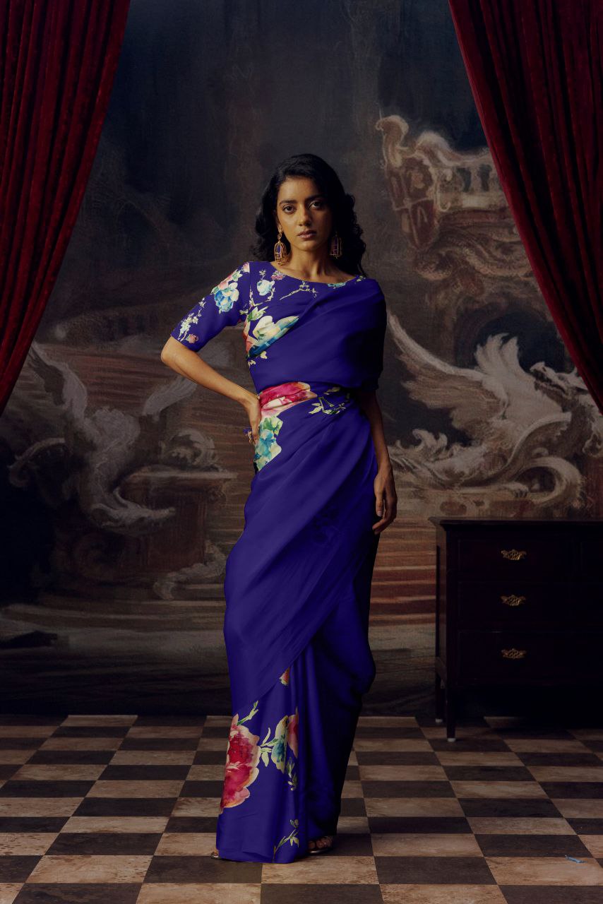 Floral Digital Print Original Japan Satin Saree with Blouse Piece