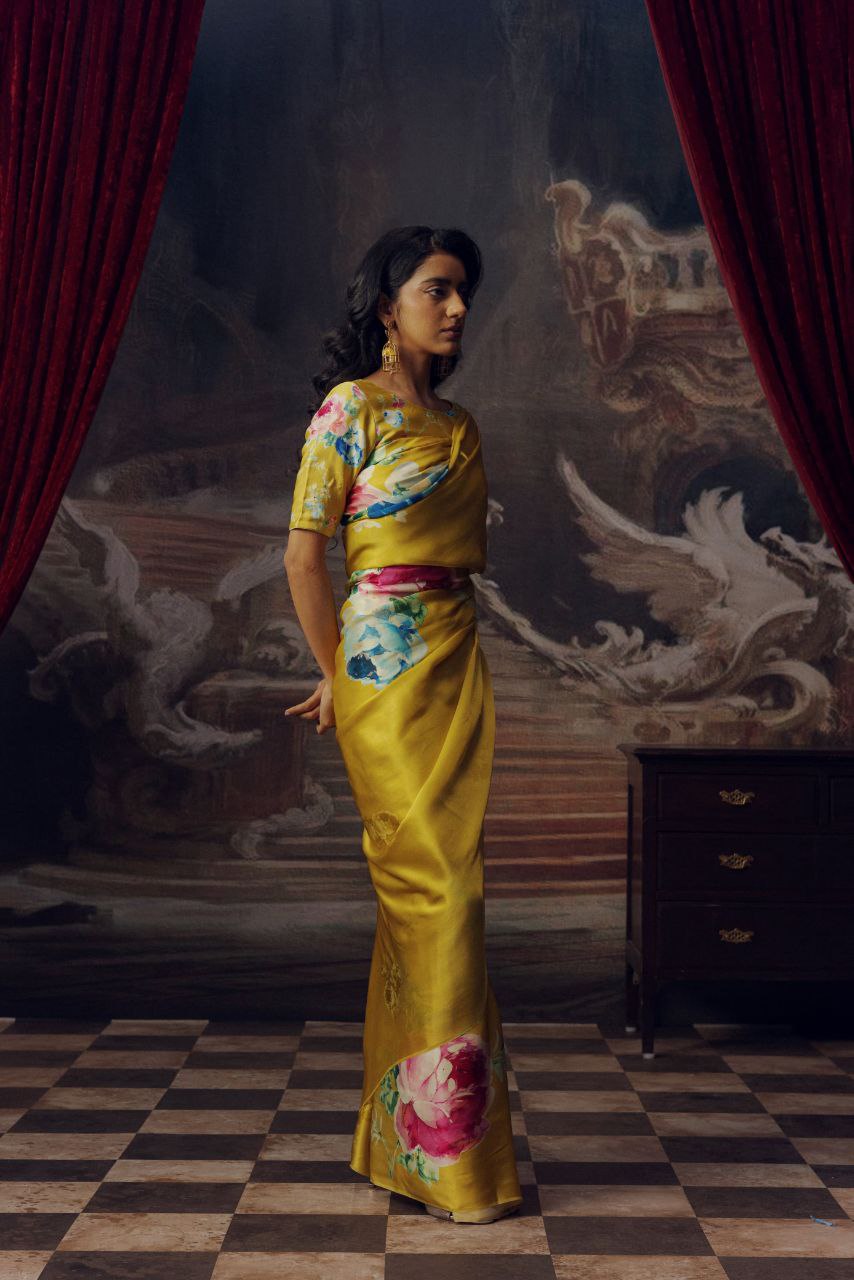 Floral Digital Print Original Japan Satin Saree with Blouse Piece