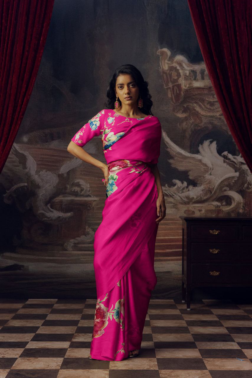 Floral Digital Print Original Japan Satin Saree with Blouse Piece