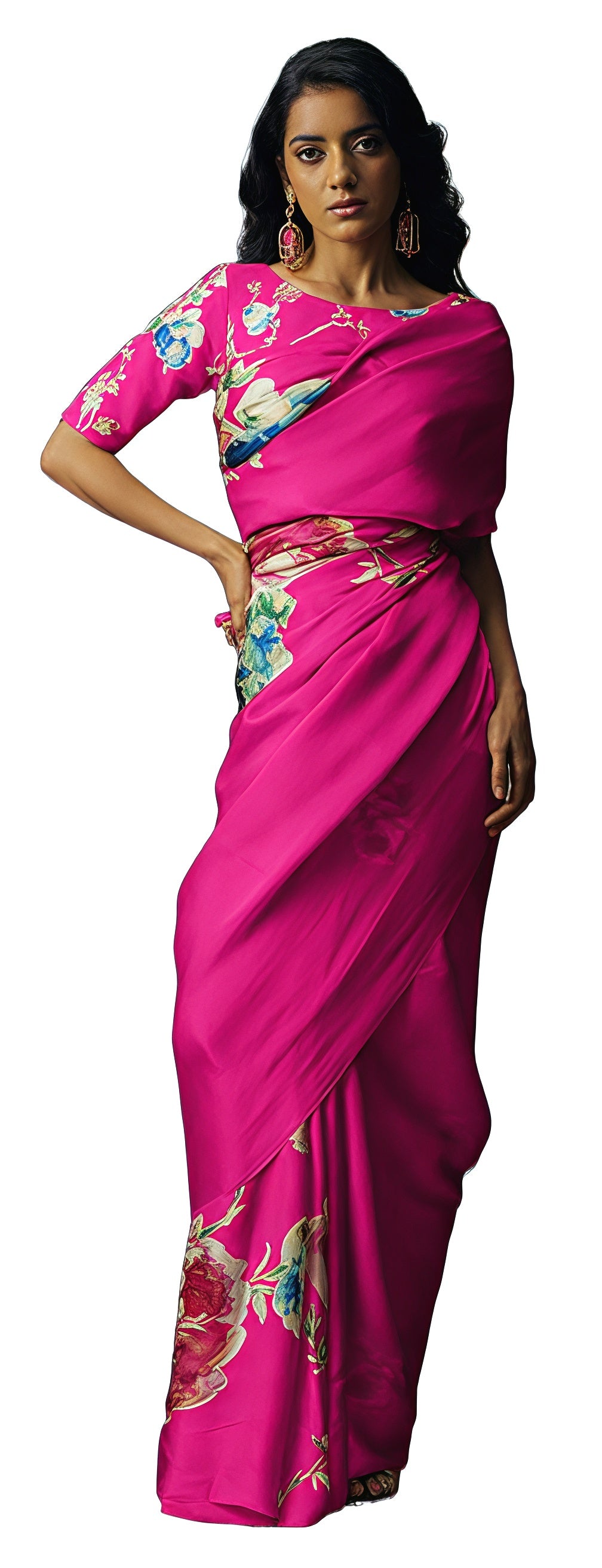 Floral Digital Print Original Japan Satin Saree with Blouse Piece