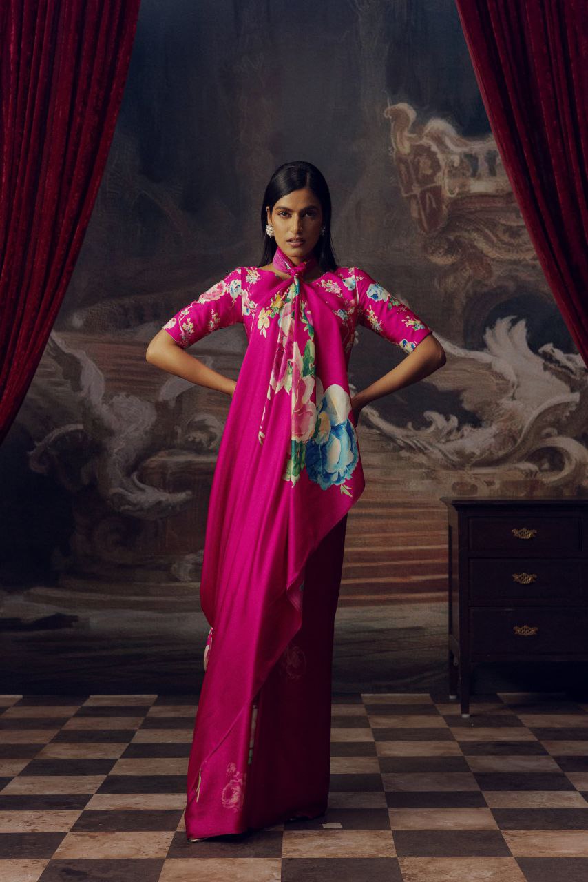 Floral Digital Print Original Japan Satin Saree with Blouse Piece