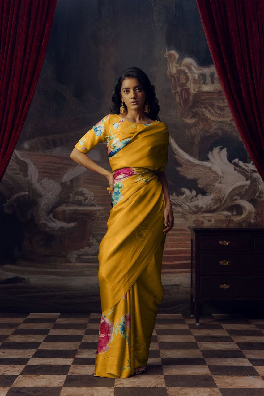 Floral Digital Print Original Japan Satin Saree with Blouse Piece