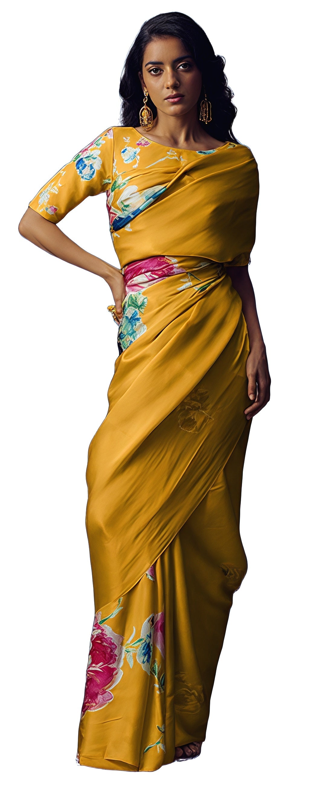 Floral Digital Print Original Japan Satin Saree with Blouse Piece