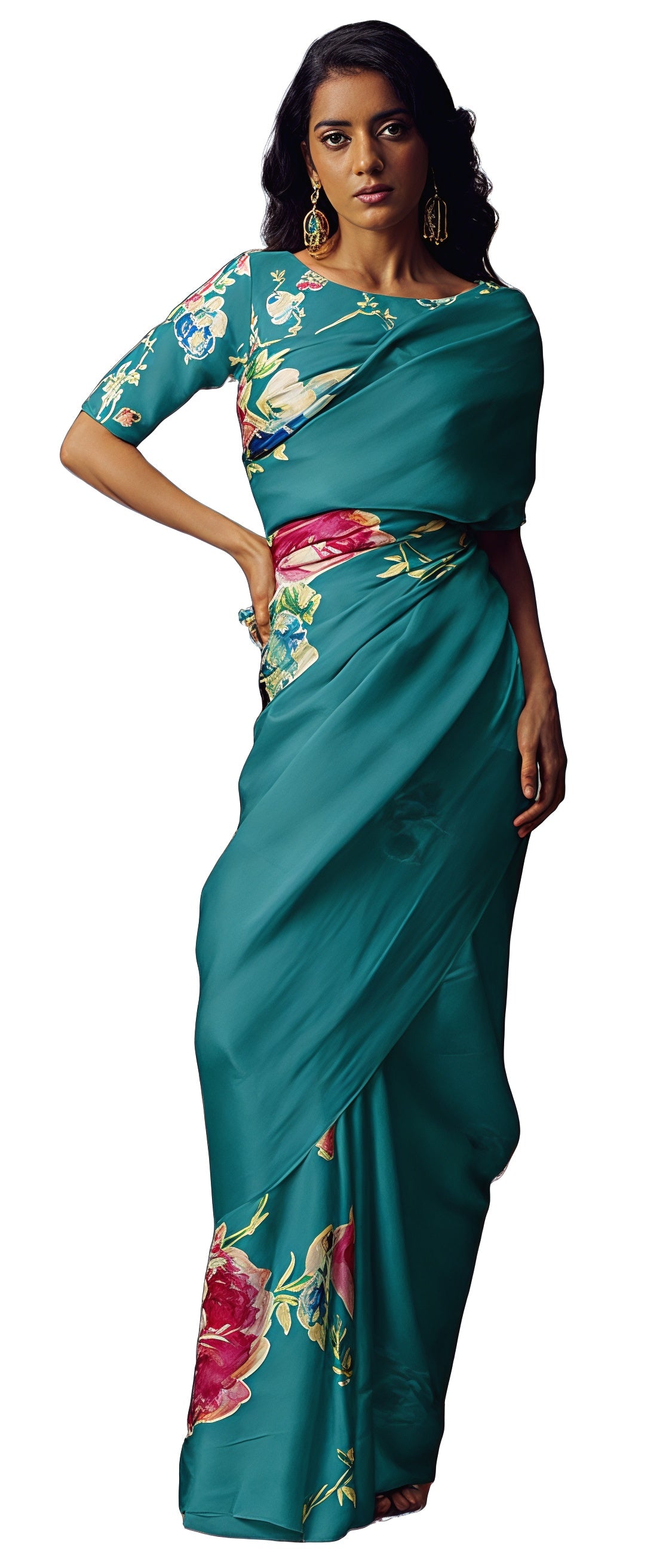 Floral Digital Print Original Japan Satin Saree with Blouse Piece