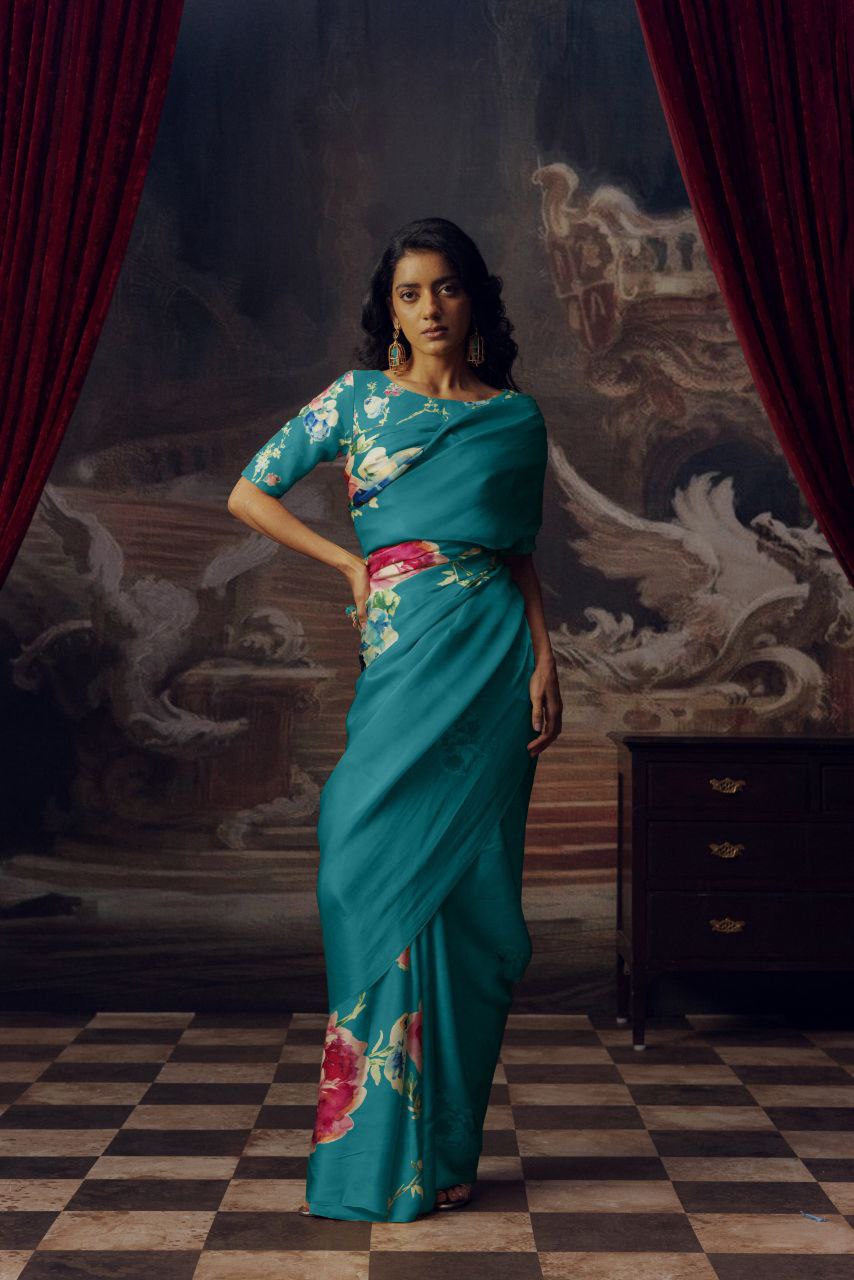 Floral Digital Print Original Japan Satin Saree with Blouse Piece