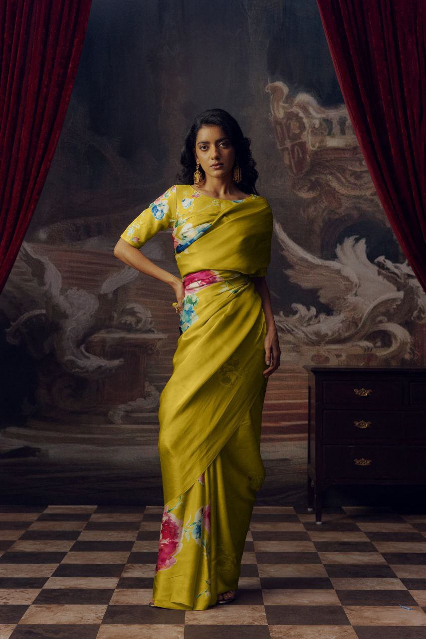 Floral Digital Print Original Japan Satin Saree with Blouse Piece