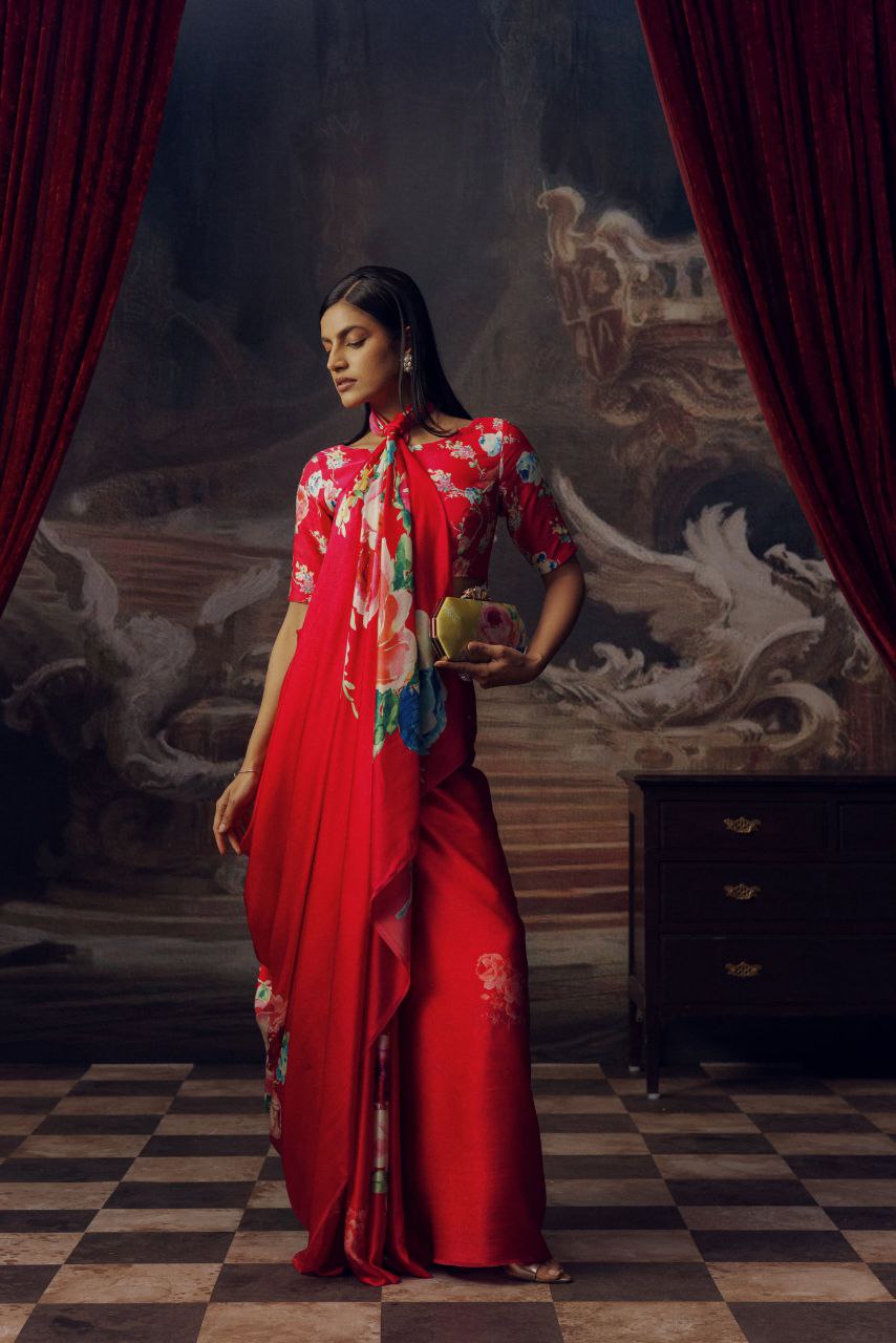 Floral Digital Print Original Japan Satin Saree with Blouse Piece