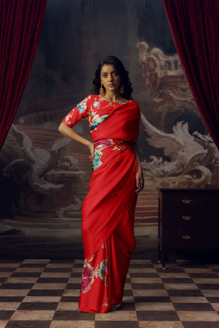 Floral Digital Print Original Japan Satin Saree with Blouse Piece