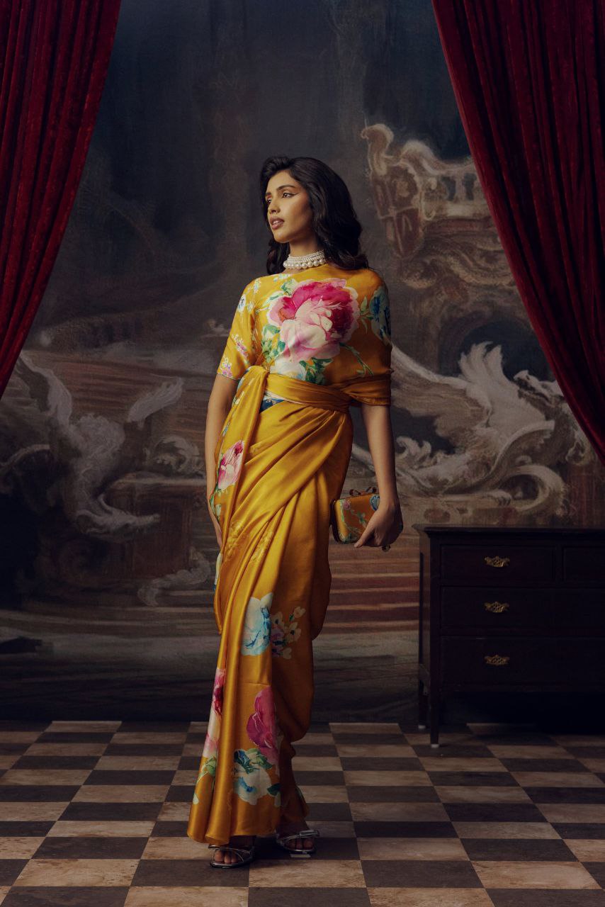 Floral Digital Print Original Japan Satin Saree with Blouse Piece