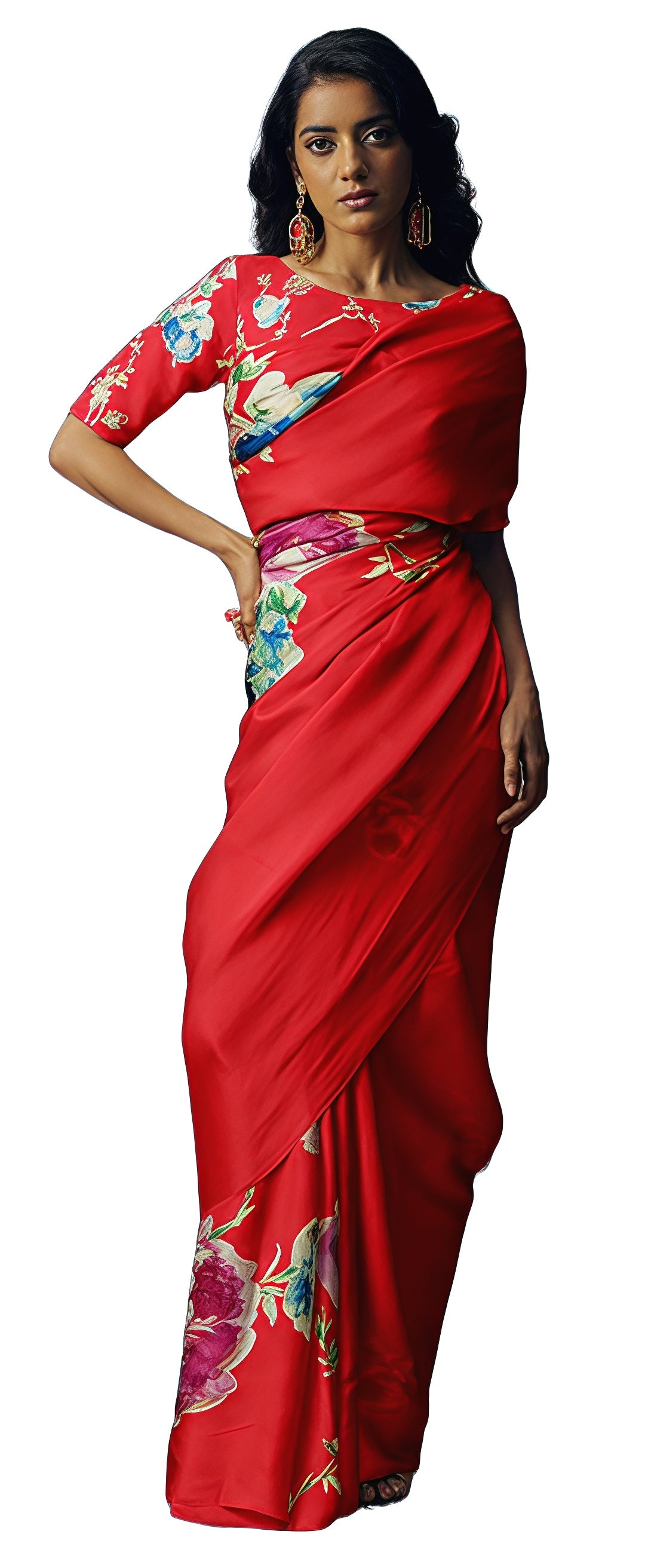 Floral Digital Print Original Japan Satin Saree with Blouse Piece