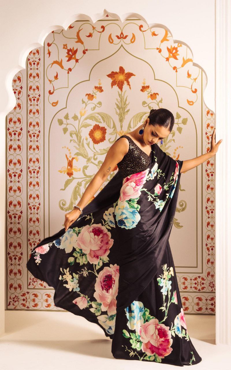 Floral Digital Print Original Japan Satin Saree with Blouse Piece