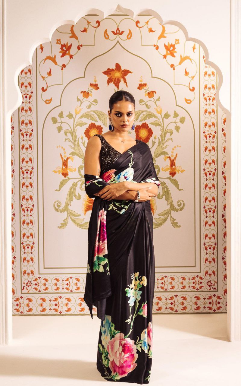 Floral Digital Print Original Japan Satin Saree with Blouse Piece