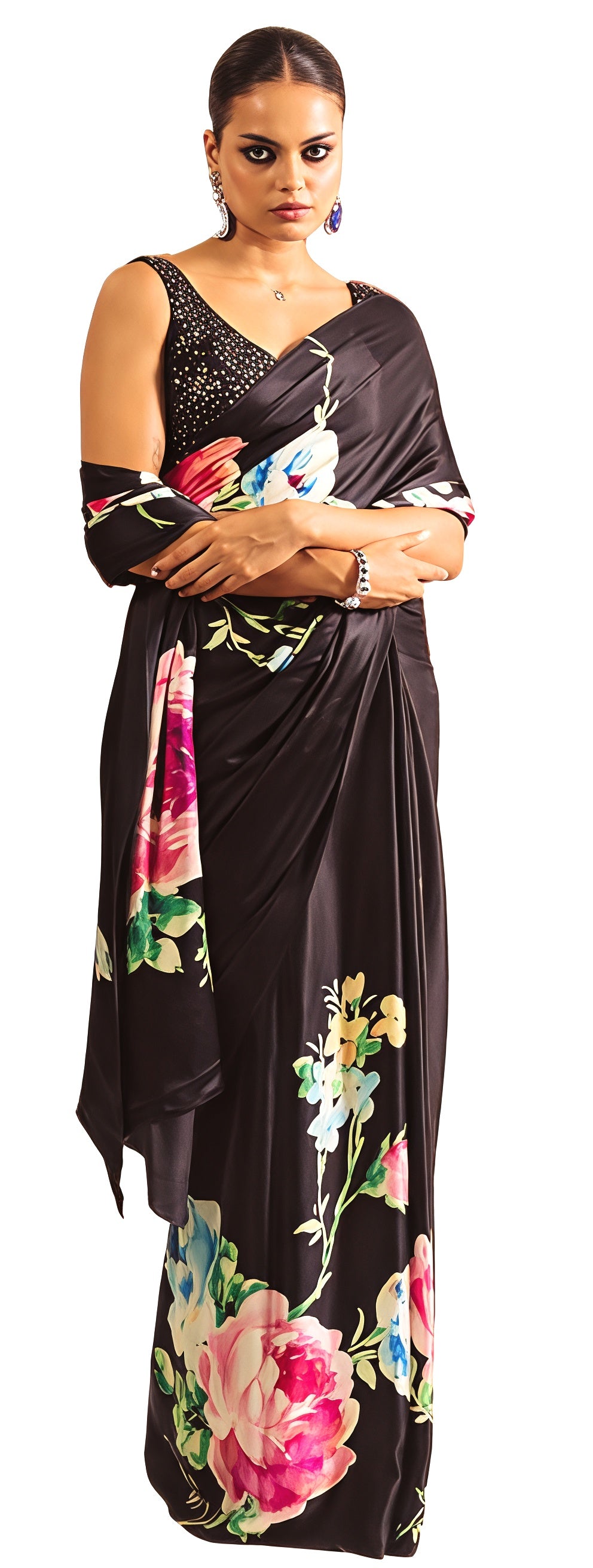 Floral Digital Print Original Japan Satin Saree with Blouse Piece