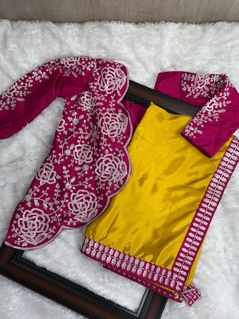 Embroidered Silk Crepe Party Wear Saree with Stitched Koti Jacket Blouse