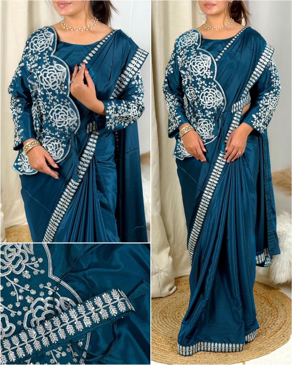 Embroidered Silk Crepe Party Wear Saree with Stitched Koti Jacket Blouse