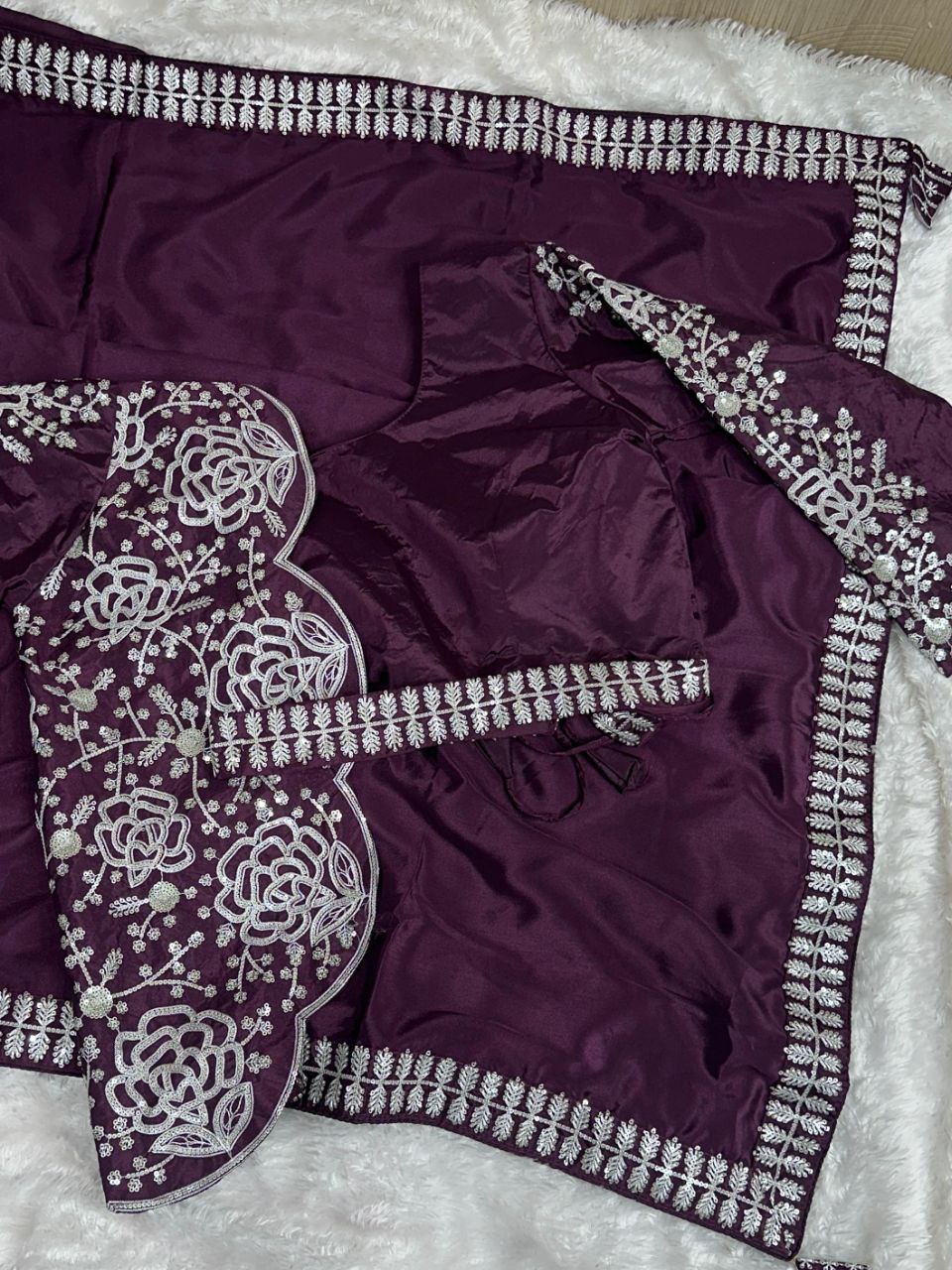 Embroidered Silk Crepe Party Wear Saree with Stitched Koti Jacket Blouse