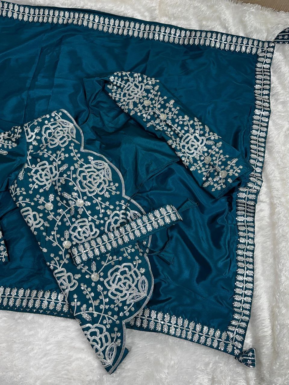 Embroidered Silk Crepe Party Wear Saree with Stitched Koti Jacket Blouse