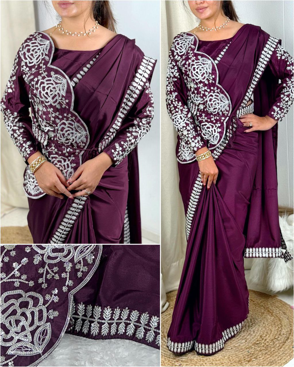 Embroidered Silk Crepe Party Wear Saree with Stitched Koti Jacket Blouse