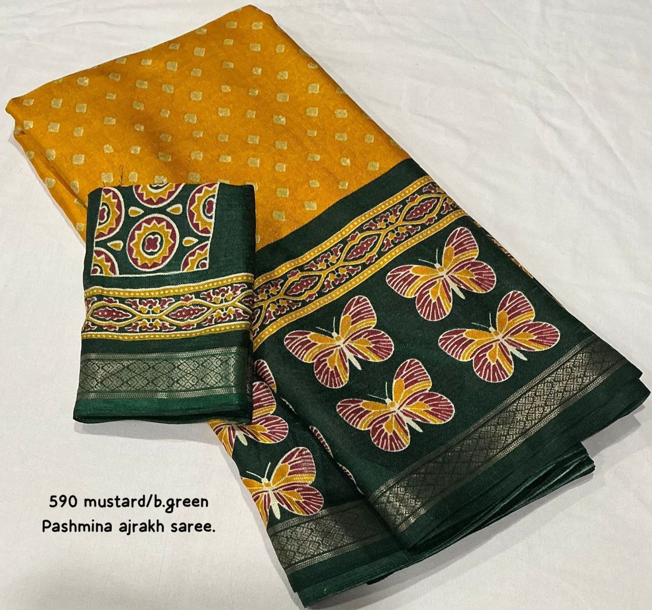 Women's Zari Pattu Woven Border Ajrakh Butterfly Design Pashmina Silk Saree with Blouse