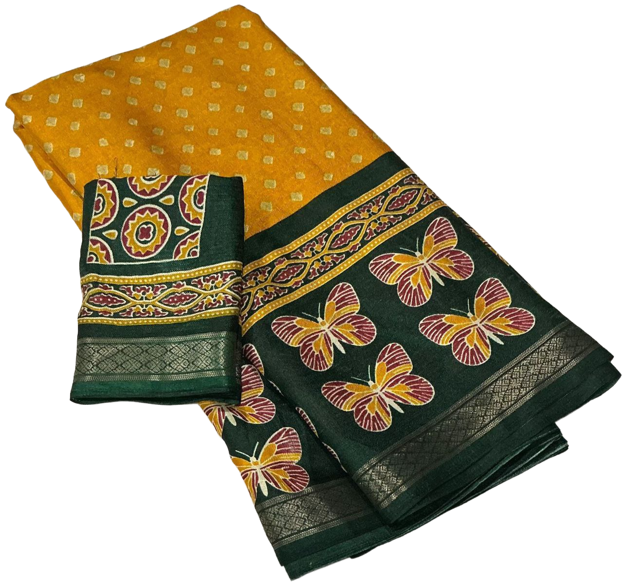 Women's Zari Pattu Woven Border Ajrakh Butterfly Design Pashmina Silk Saree with Blouse