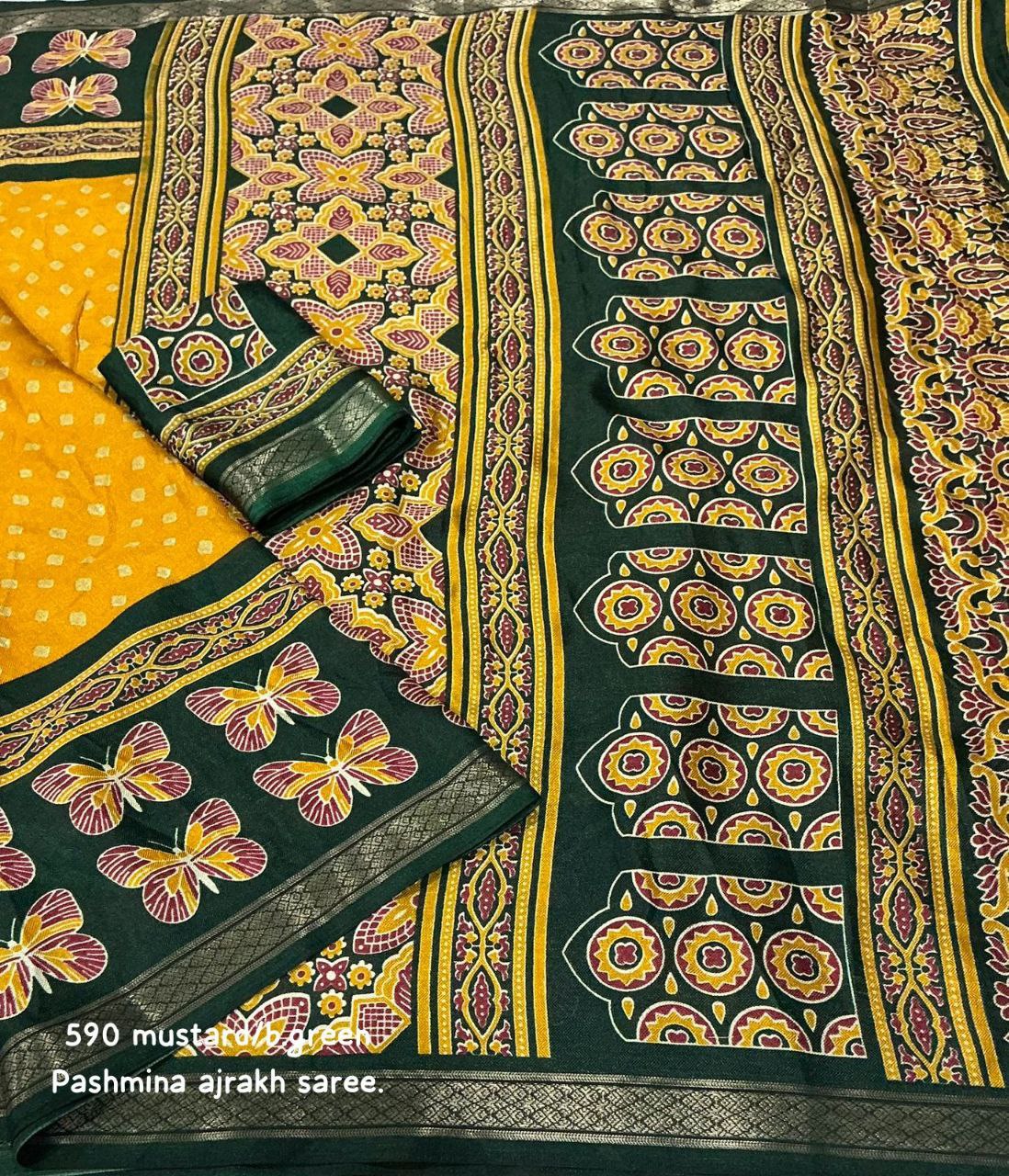 Women's Zari Pattu Woven Border Ajrakh Butterfly Design Pashmina Silk Saree with Blouse