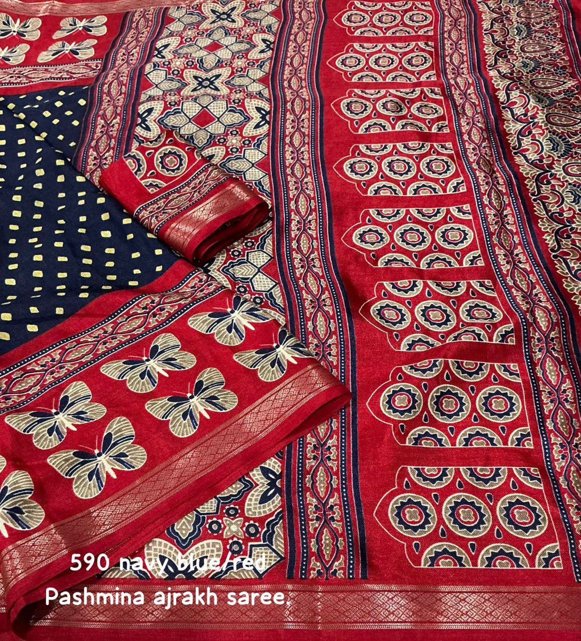 Women's Zari Pattu Woven Border Ajrakh Butterfly Design Pashmina Silk Saree with Blouse