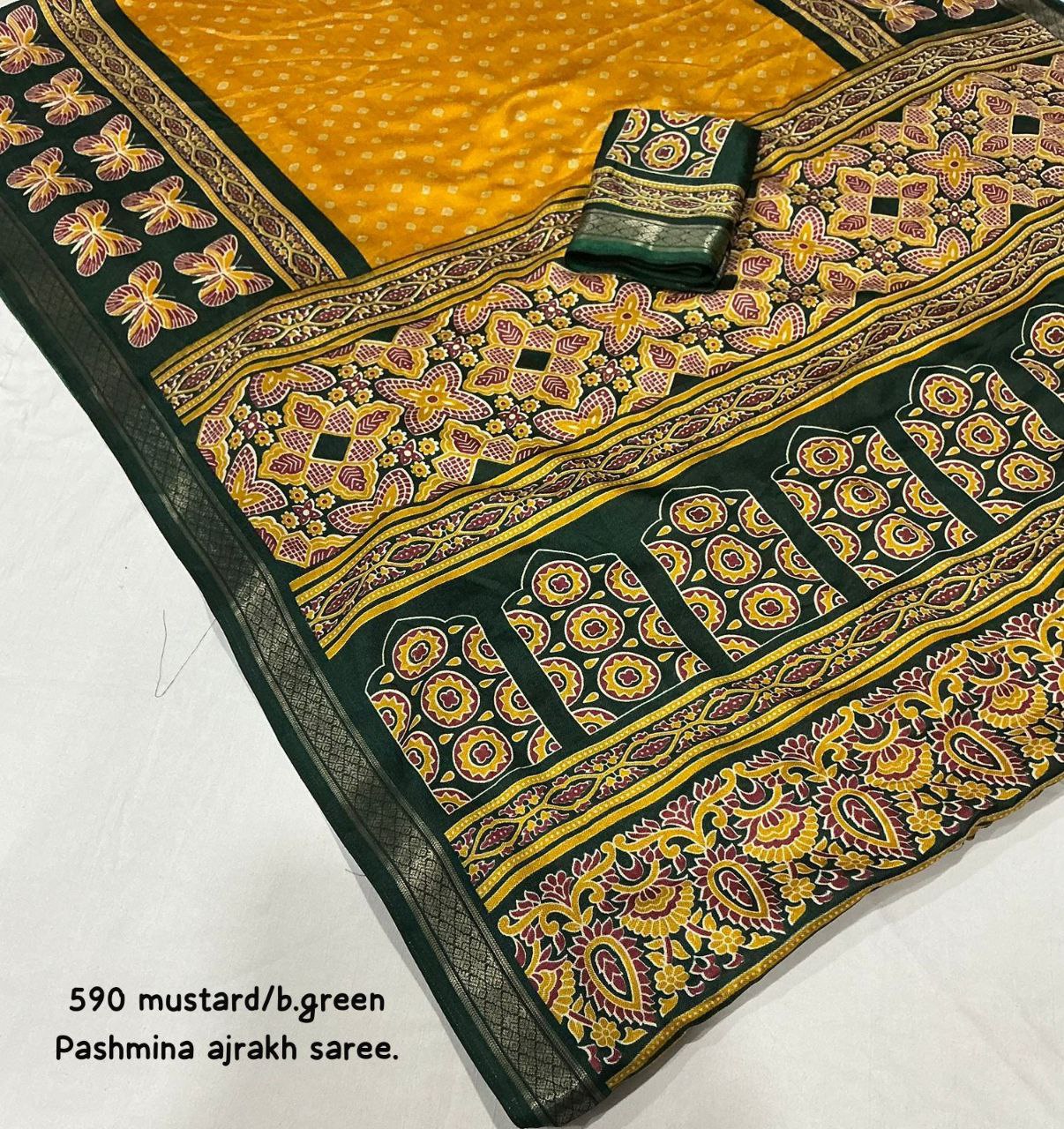 Women's Zari Pattu Woven Border Ajrakh Butterfly Design Pashmina Silk Saree with Blouse