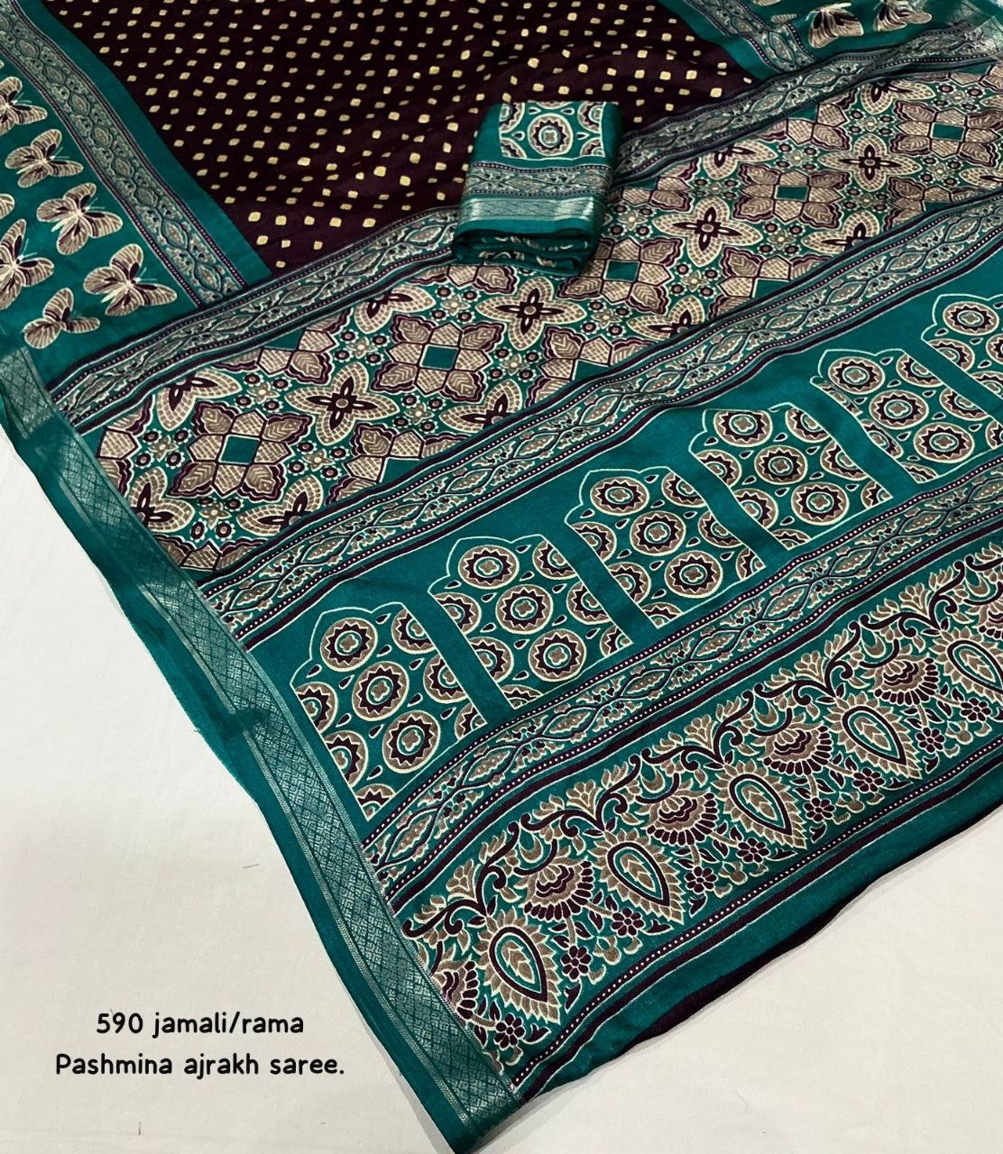 Women's Zari Pattu Woven Border Ajrakh Butterfly Design Pashmina Silk Saree with Blouse