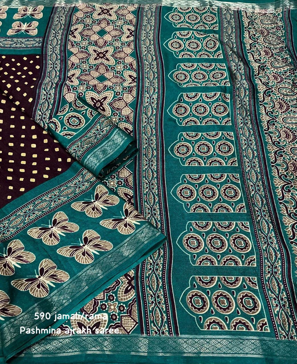 Women's Zari Pattu Woven Border Ajrakh Butterfly Design Pashmina Silk Saree with Blouse