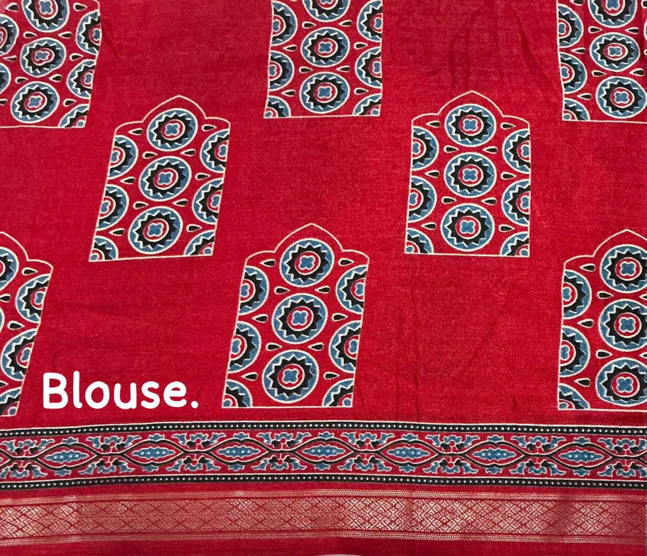 Women's Zari Pattu Woven Border Ajrakh Butterfly Design Pashmina Silk Saree with Blouse