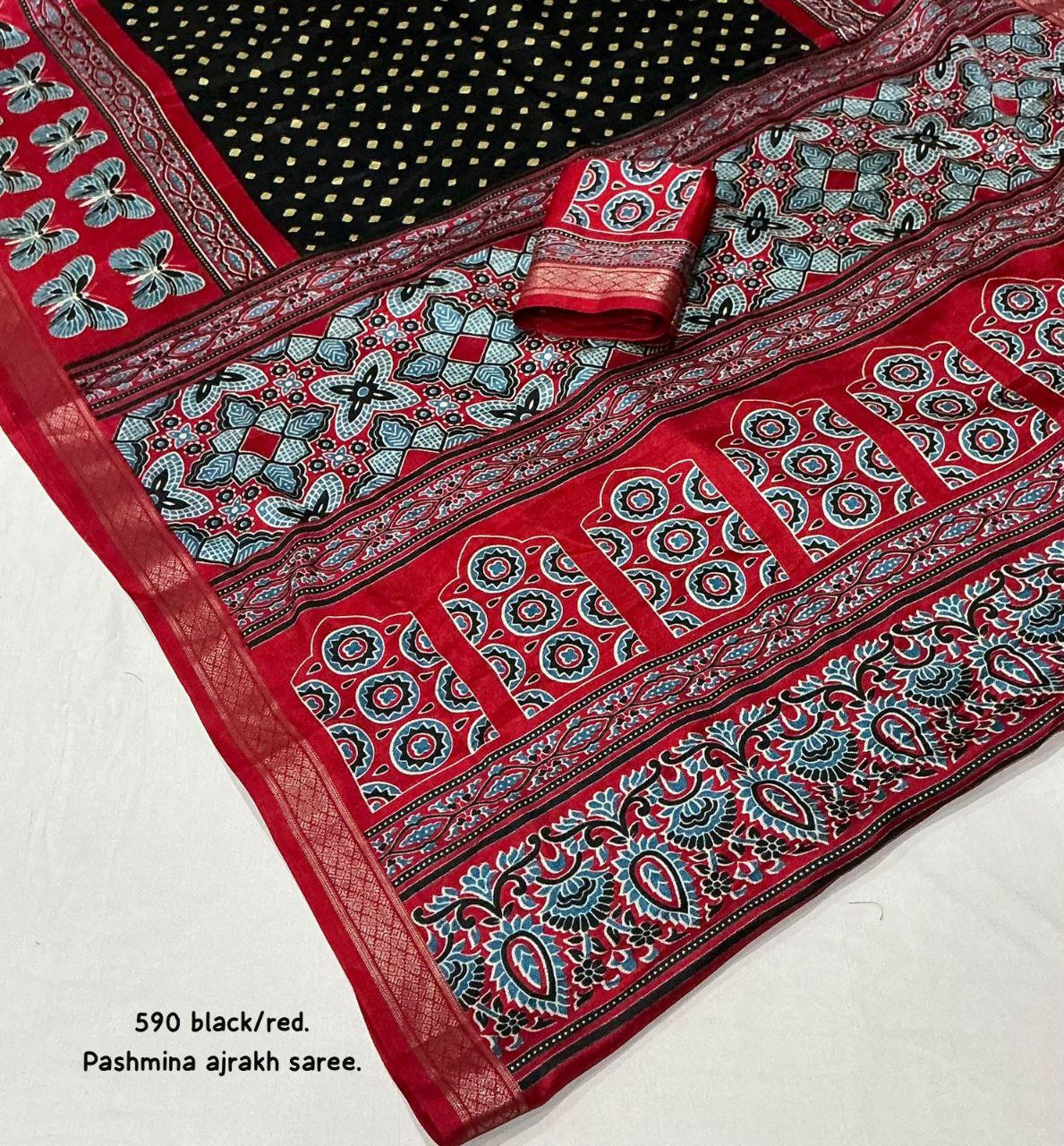 Women's Zari Pattu Woven Border Ajrakh Butterfly Design Pashmina Silk Saree with Blouse