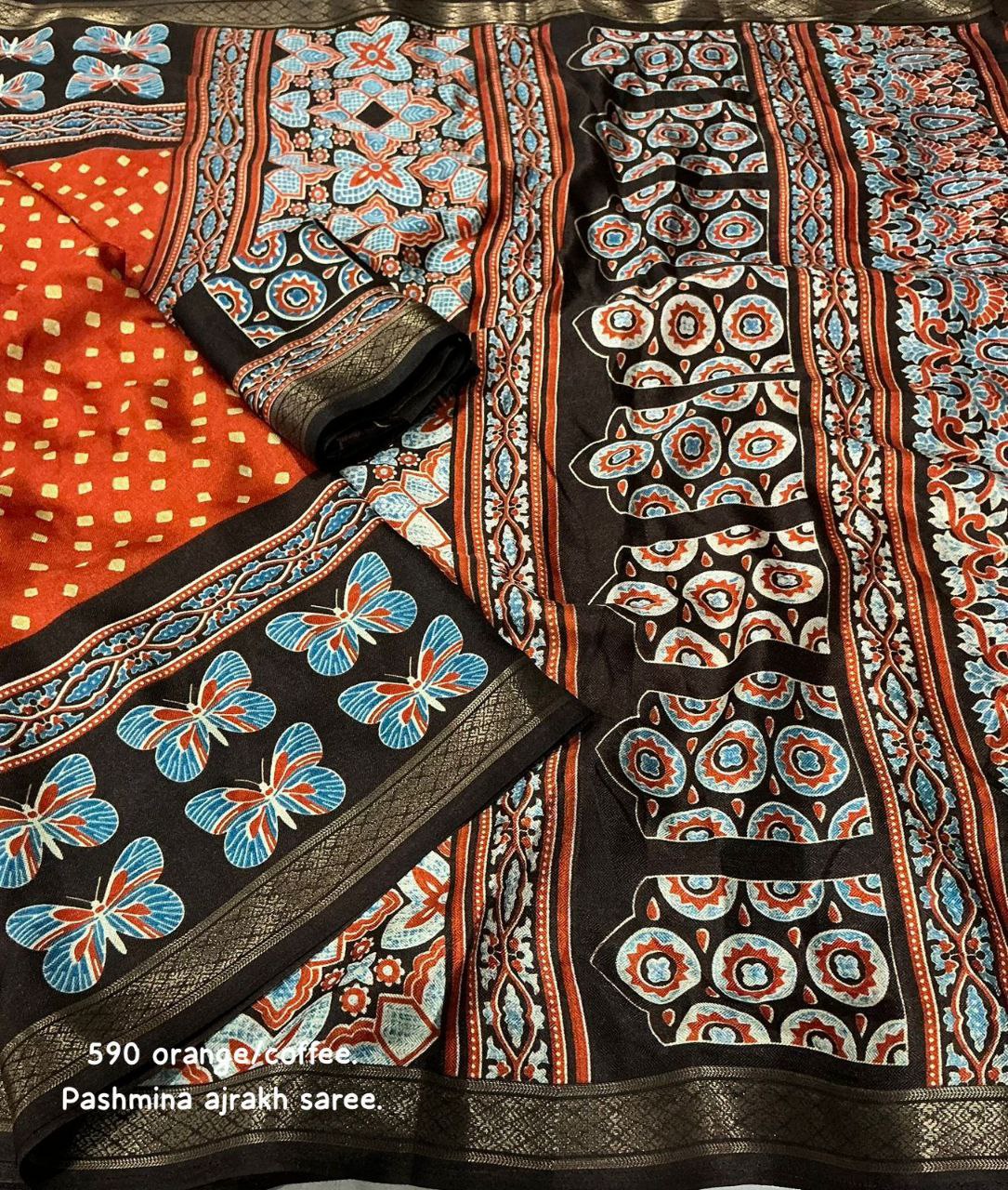 Women's Zari Pattu Woven Border Ajrakh Butterfly Design Pashmina Silk Saree with Blouse