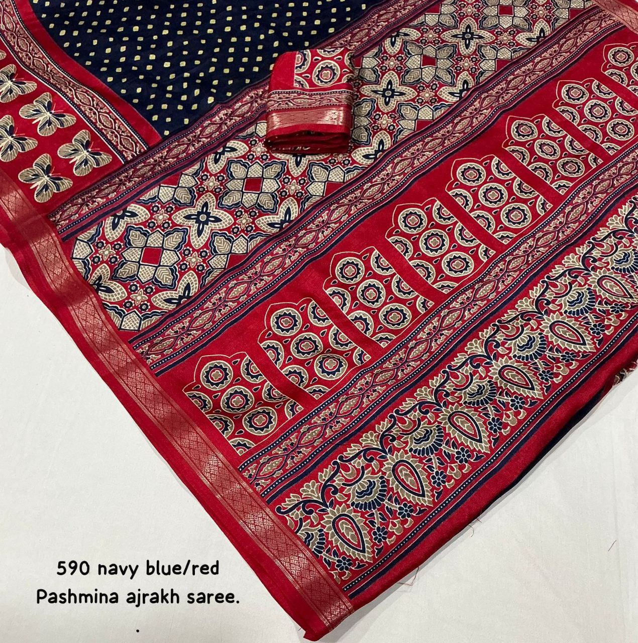 Women's Zari Pattu Woven Border Ajrakh Butterfly Design Pashmina Silk Saree with Blouse