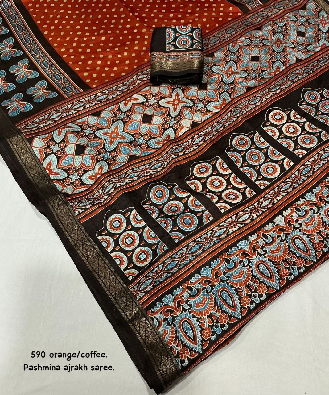 Women's Zari Pattu Woven Border Ajrakh Butterfly Design Pashmina Silk Saree with Blouse