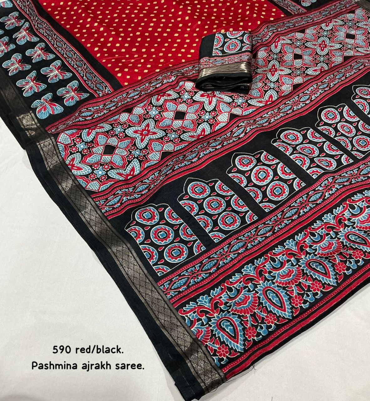 Women's Zari Pattu Woven Border Ajrakh Butterfly Design Pashmina Silk Saree with Blouse