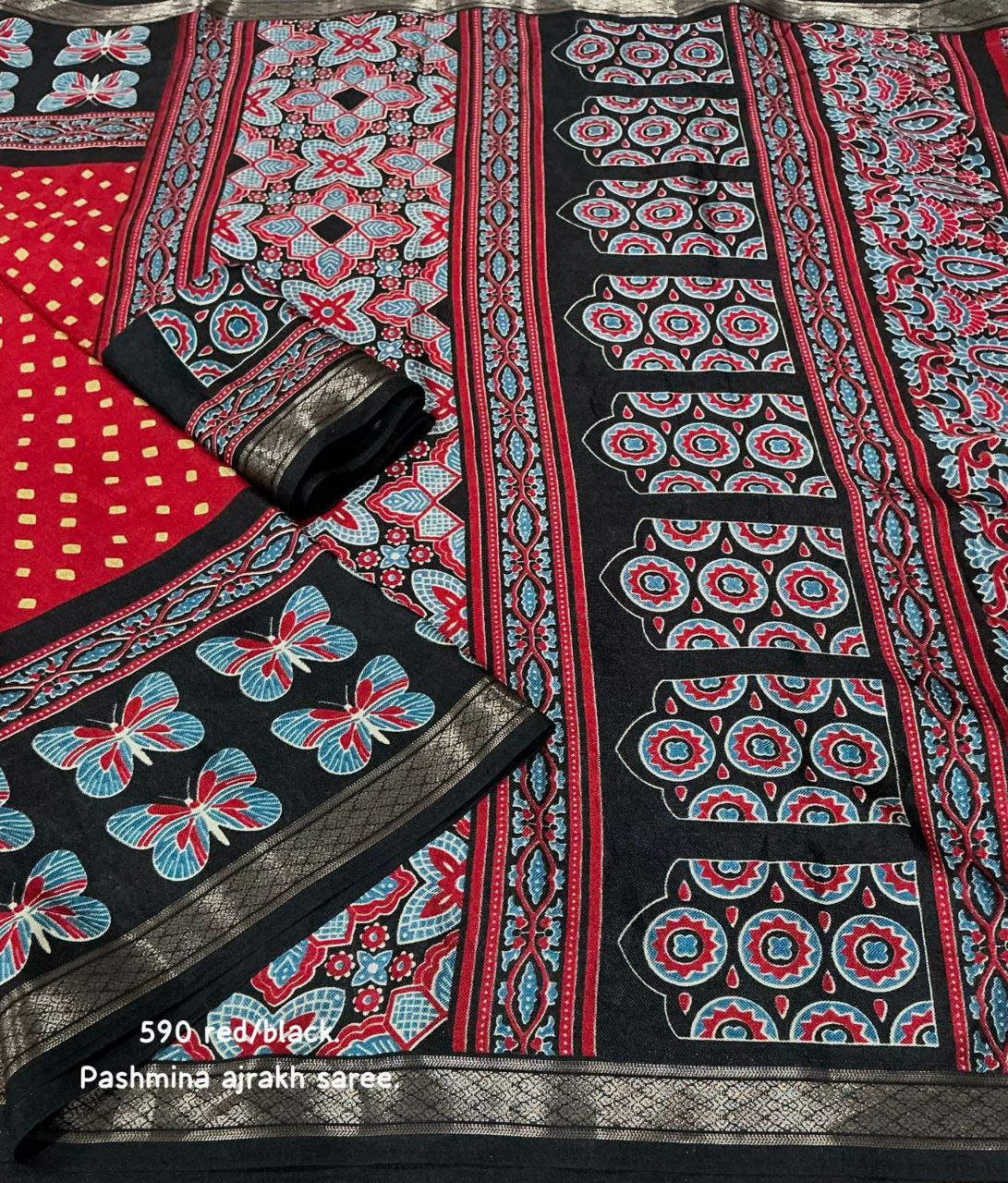 Women's Zari Pattu Woven Border Ajrakh Butterfly Design Pashmina Silk Saree with Blouse