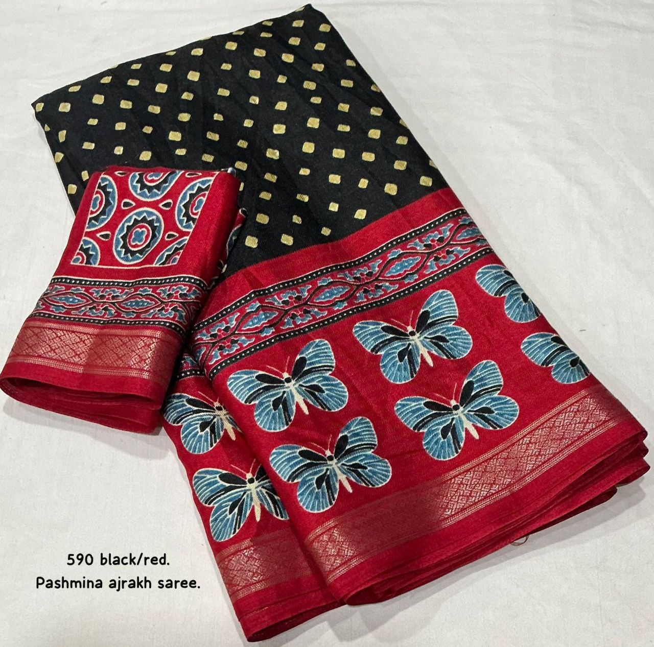 Women's Zari Pattu Woven Border Ajrakh Butterfly Design Pashmina Silk Saree with Blouse