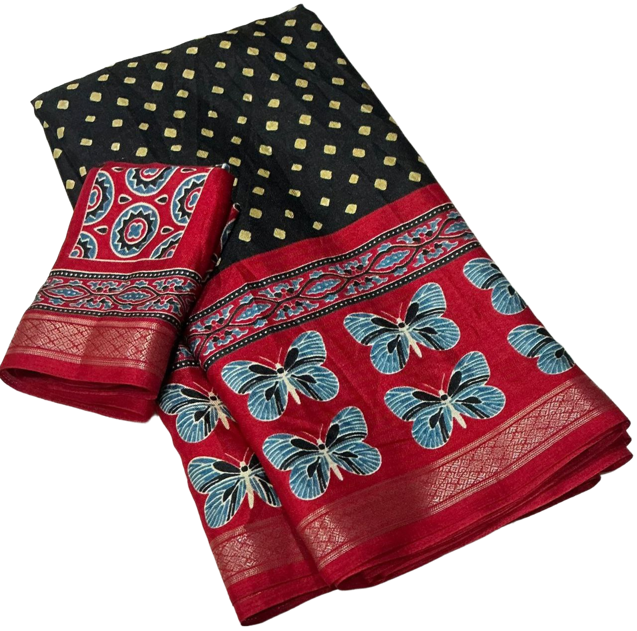 Women's Zari Pattu Woven Border Ajrakh Butterfly Design Pashmina Silk Saree with Blouse