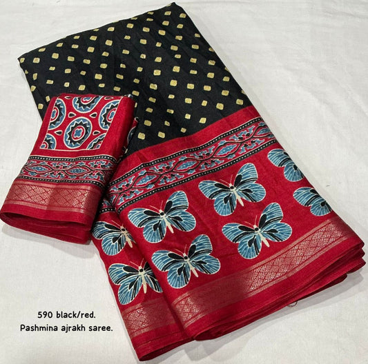 Women's Zari Pattu Woven Border Ajrakh Butterfly Design Pashmina Silk Saree with Blouse