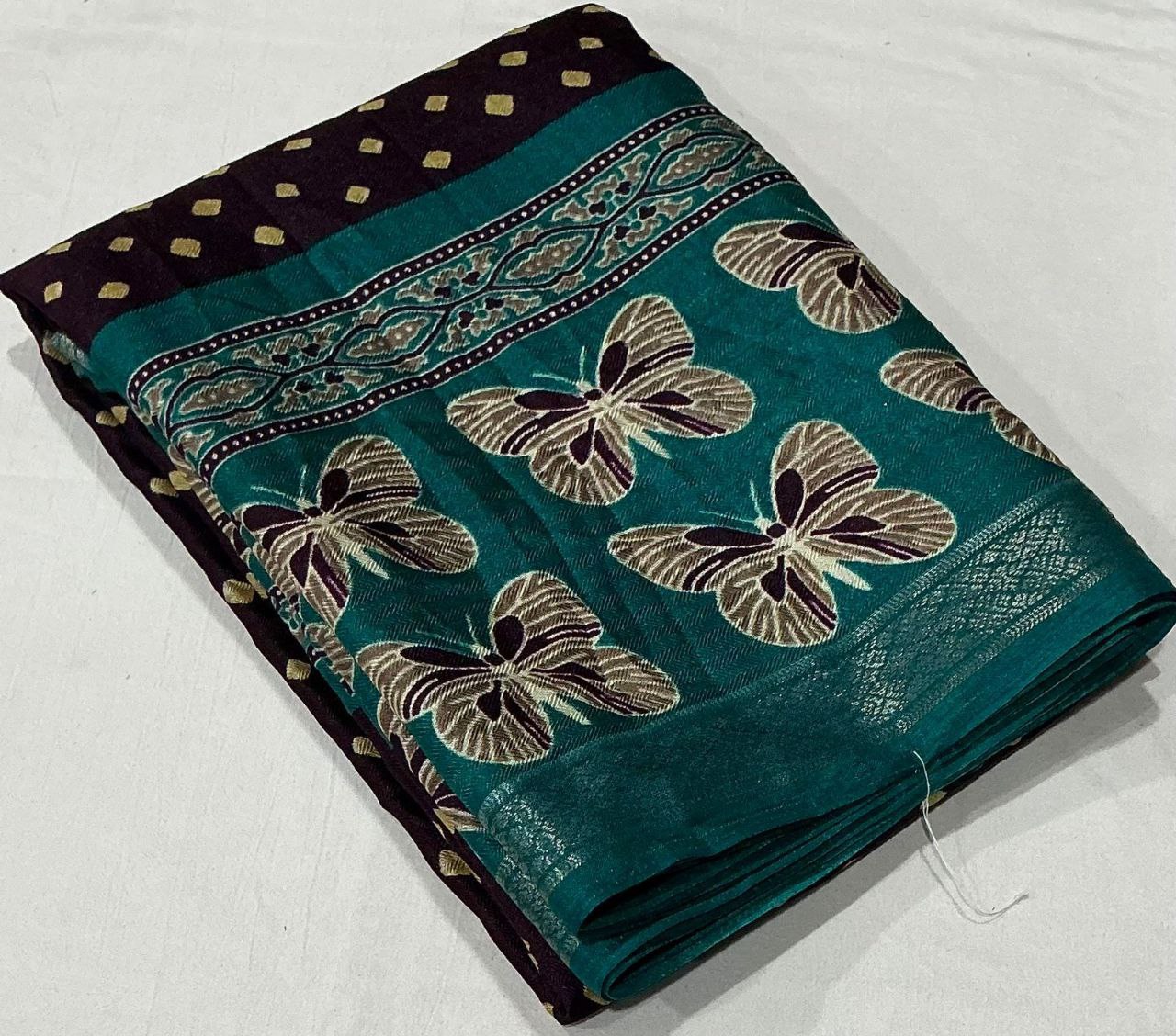 Women's Zari Pattu Woven Border Ajrakh Butterfly Design Pashmina Silk Saree with Blouse