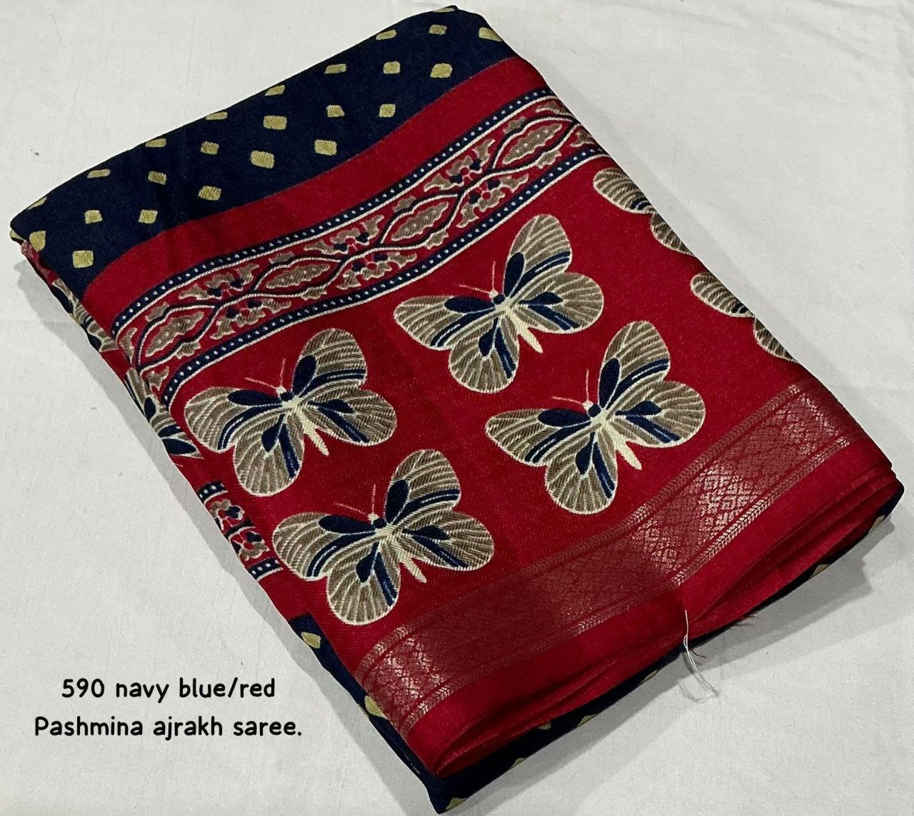 Women's Zari Pattu Woven Border Ajrakh Butterfly Design Pashmina Silk Saree with Blouse