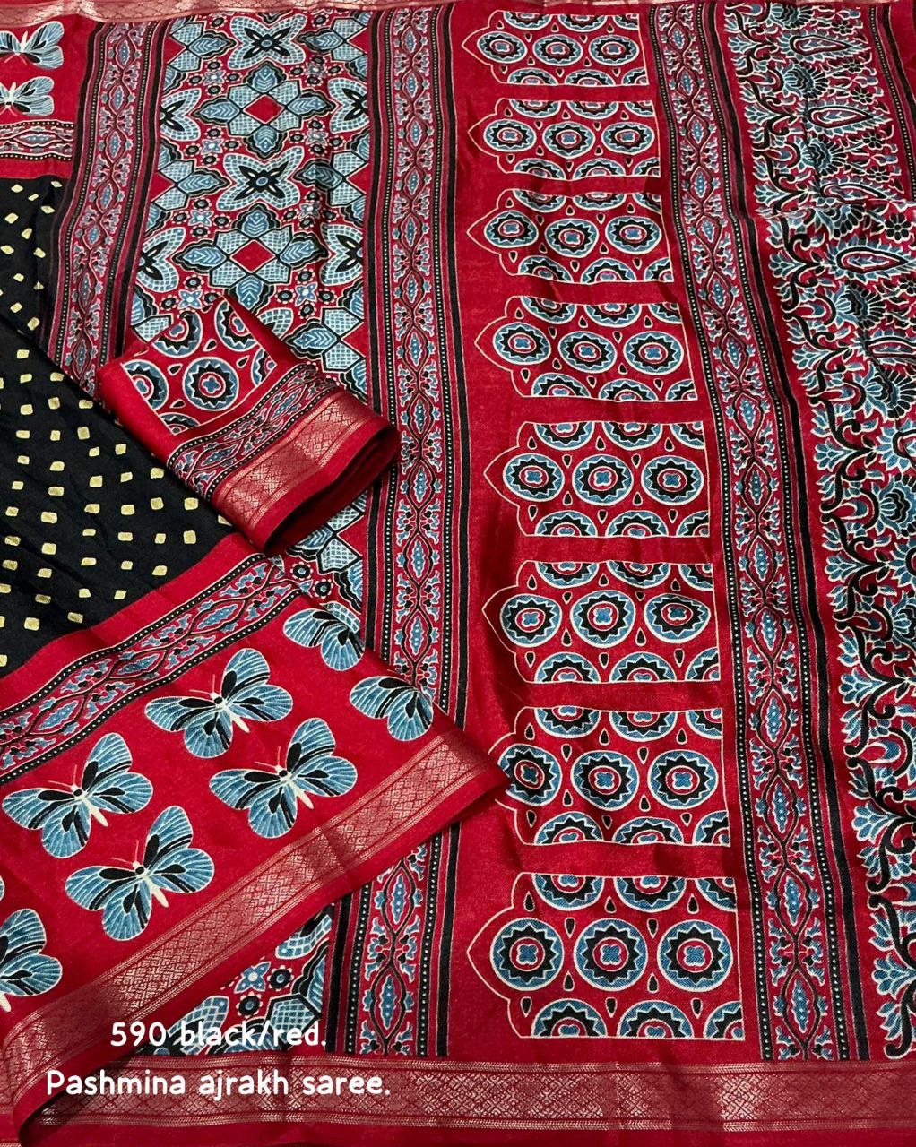 Women's Zari Pattu Woven Border Ajrakh Butterfly Design Pashmina Silk Saree with Blouse