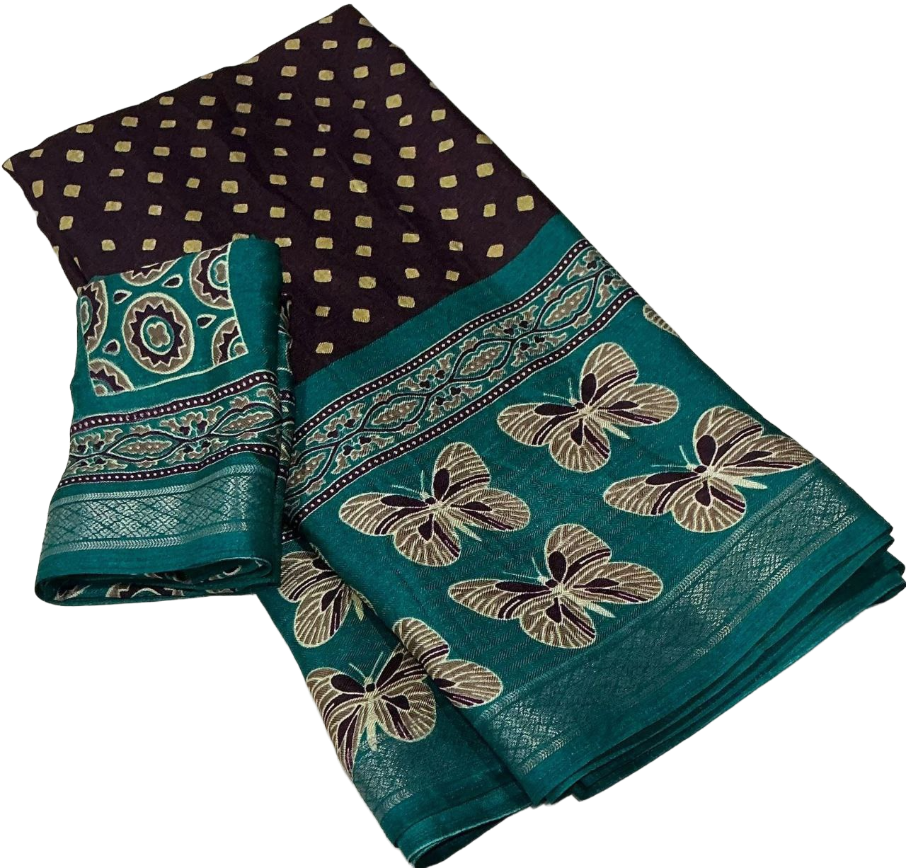 Women's Zari Pattu Woven Border Ajrakh Butterfly Design Pashmina Silk Saree with Blouse