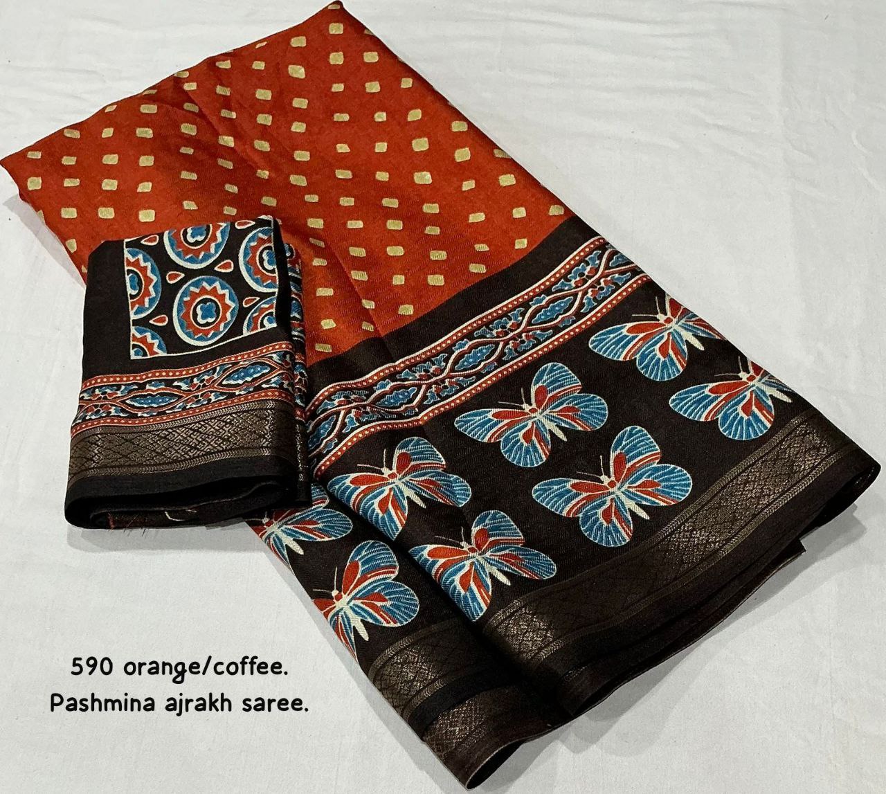 Women's Zari Pattu Woven Border Ajrakh Butterfly Design Pashmina Silk Saree with Blouse