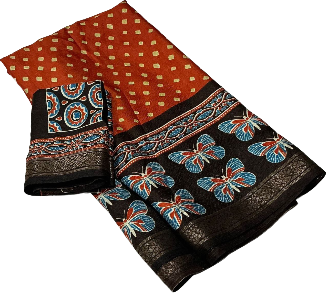 Women's Zari Pattu Woven Border Ajrakh Butterfly Design Pashmina Silk Saree with Blouse