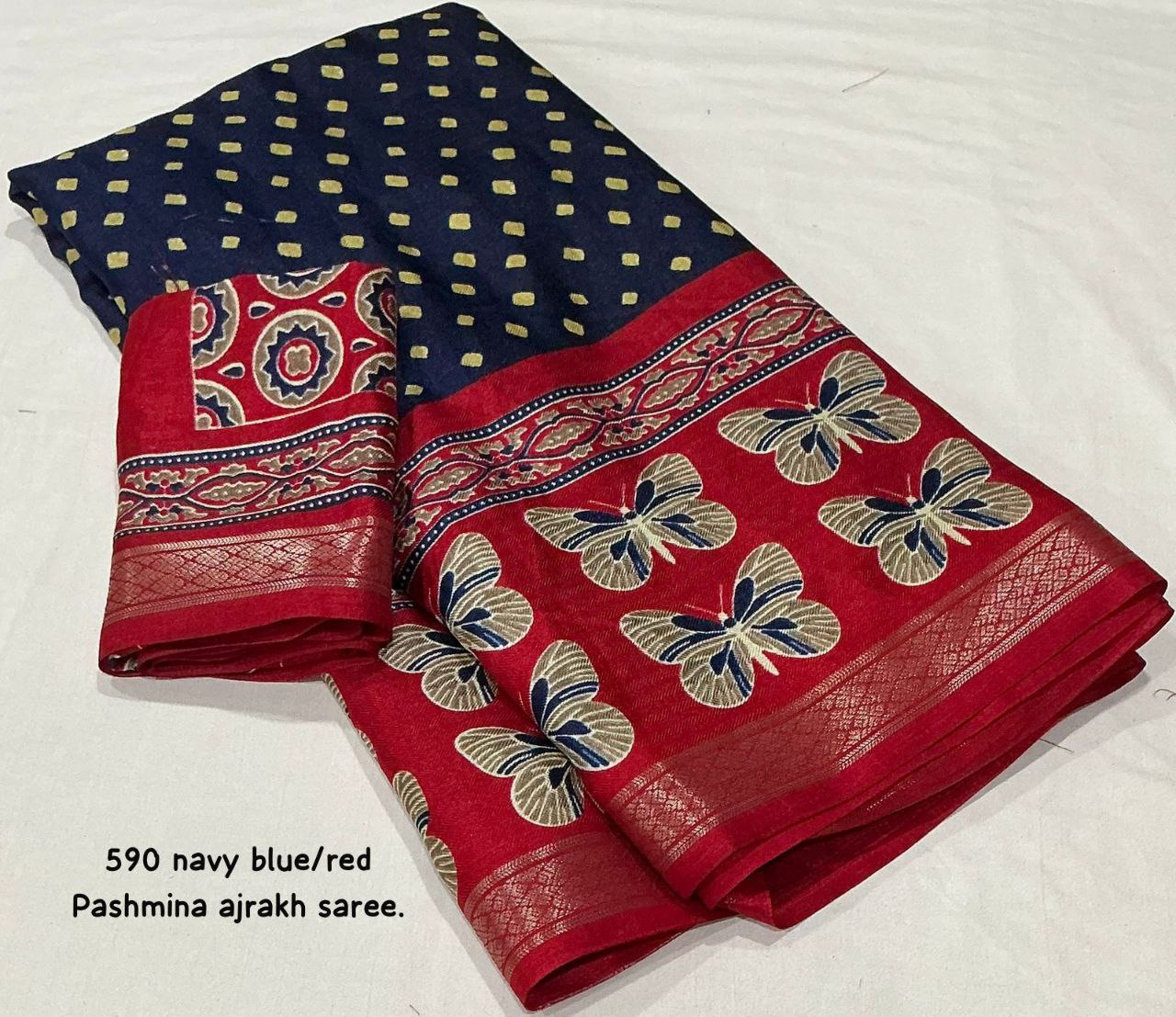 Women's Zari Pattu Woven Border Ajrakh Butterfly Design Pashmina Silk Saree with Blouse