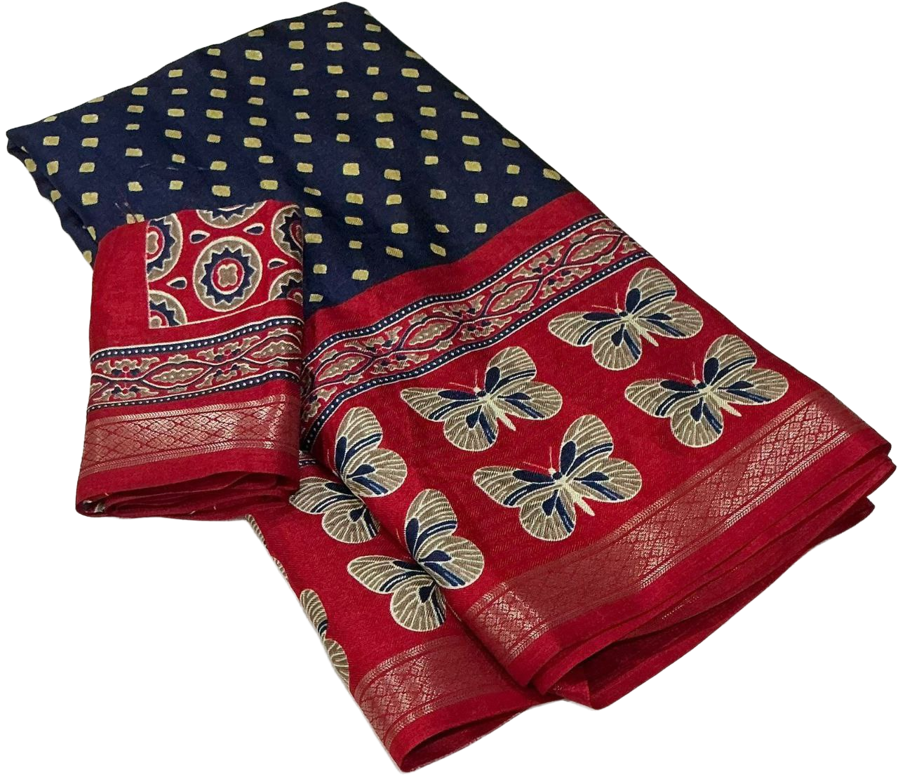 Women's Zari Pattu Woven Border Ajrakh Butterfly Design Pashmina Silk Saree with Blouse