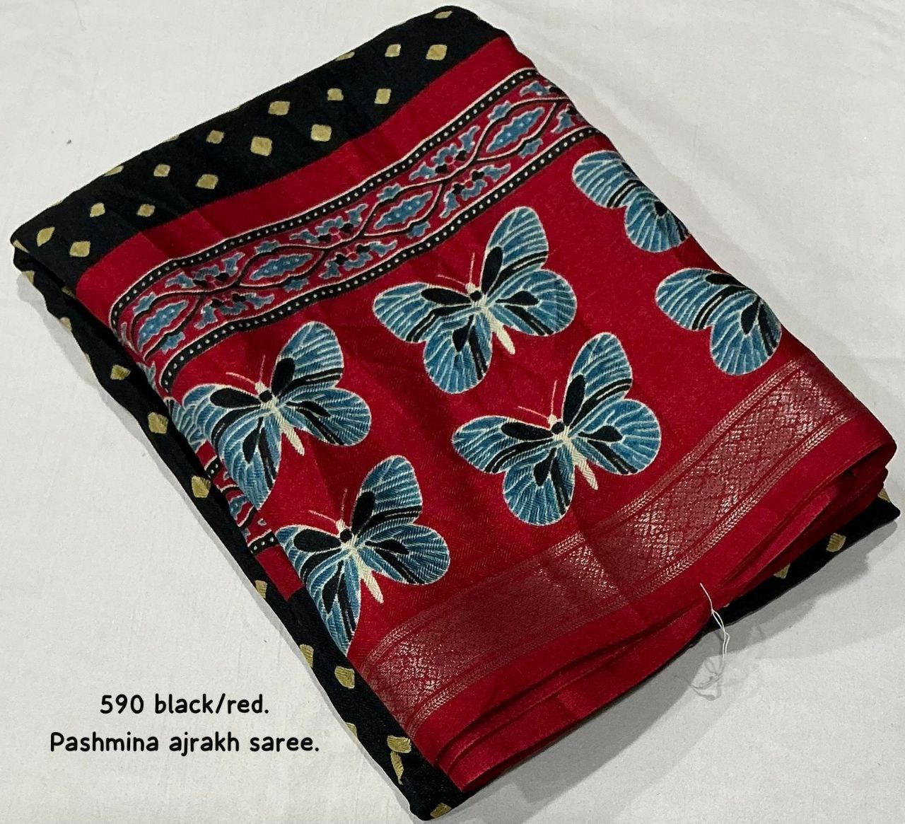 Women's Zari Pattu Woven Border Ajrakh Butterfly Design Pashmina Silk Saree with Blouse