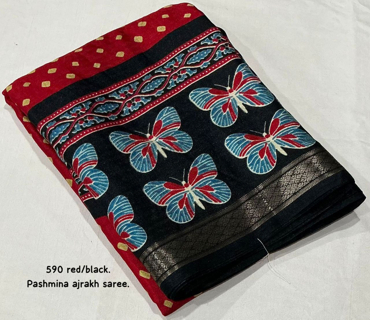 Women's Zari Pattu Woven Border Ajrakh Butterfly Design Pashmina Silk Saree with Blouse