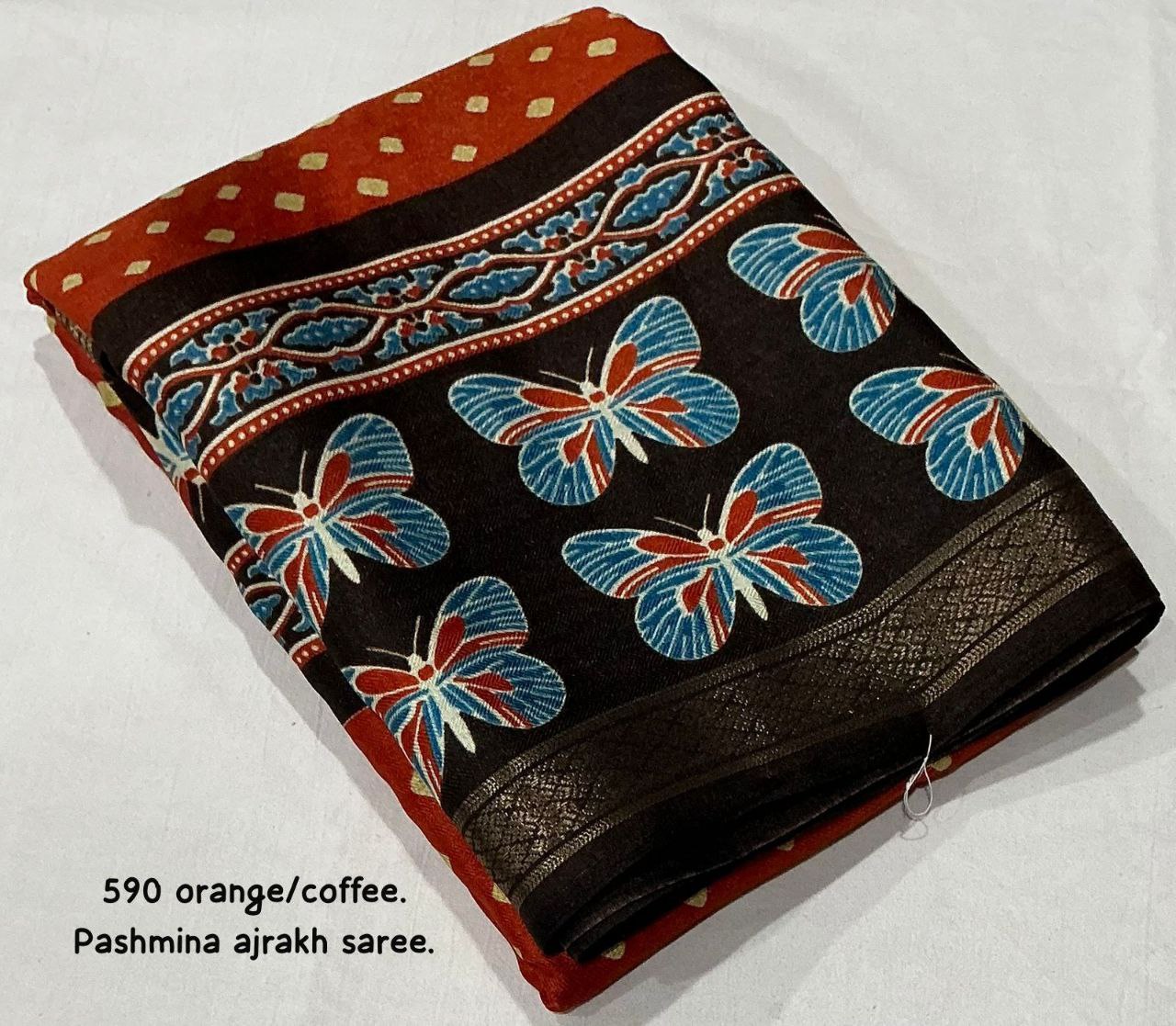 Women's Zari Pattu Woven Border Ajrakh Butterfly Design Pashmina Silk Saree with Blouse